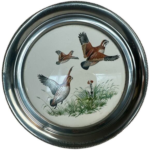 VINTAGE Pewter & Porcelain 8" Round Platter Tray Flying Game Birds - Picture 1 of 5